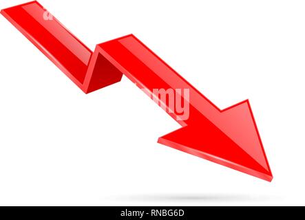 Red indication arrow. Moving down 3d financinal sign Stock Vector