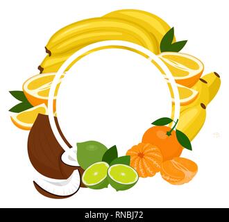 Fruits tropical background frame. Assorted fruits arranged in a circle on the white background, copy space for text in the middle. Vector illustration Stock Vector