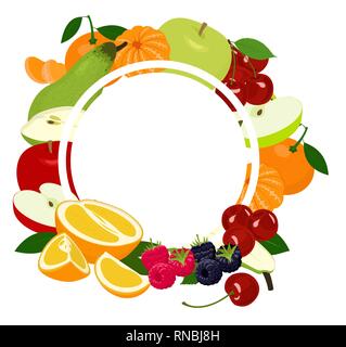 Fruits background frame. Assorted colorful fruits arranged in a circle on the white background, copy space for text in the middle. Vector illustration Stock Vector
