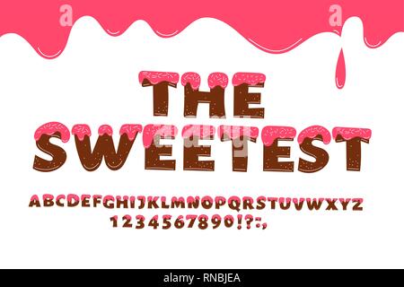 The Sweetest. Cookie with cream hand drawn decorative font. Cute sweet ABC letters and numbers. Can ba use for birthday or Valentines day cards. Carto Stock Vector