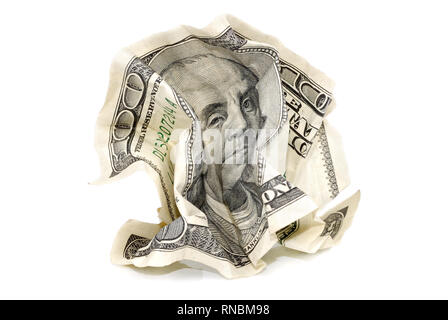 Crumpled hundred-dollar banknote on white background, isolated Stock Photo