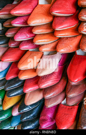Traditional Moroccan slippers for sale in the leather district of Fes, Morocco. Stock Photo