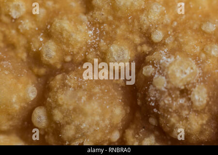 Macrophoto. Sweet European dessert angel wings close-up. Interesting texture of deep fried dough strips with . Site about kitchen, pastries, sweets . Stock Photo