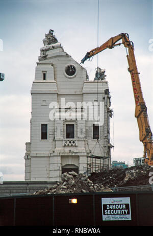 The iconic twin towers of Wembley Stadium in London, England, being demolished in 2003. Stock Photo