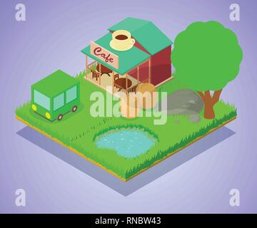 Village cafe concept banner, isometric style Stock Vector