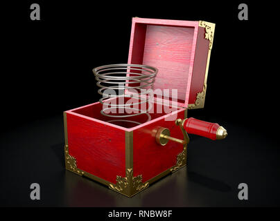 An antique open jack-in-the-box mad of red wood and gold trimmings with an unattached spring  - 3D render Stock Photo