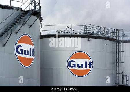 Gulf logo at an oil storage tank Stock Photo