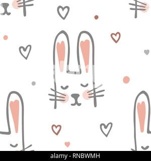 Cute Cartoon Baby Rabbit or Bunny Seamless Pattern. Vector Illustration. Hand Drawn Doodle Background. Stock Vector