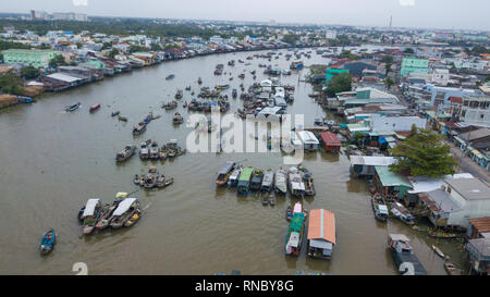 Traditional culture floating market at Cai Rang floating market, Can Tho, Vietnam. Aerial view, top view panoramic of floating market with tourist