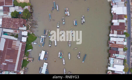 Traditional culture floating market at Cai Rang floating market, Can Tho, Vietnam. Aerial view, top view panoramic of floating market with tourist Stock Photo