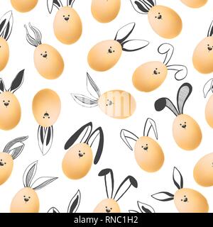 Seamless pattern with realistic eggs and hand drawn elements. Vector Stock Vector