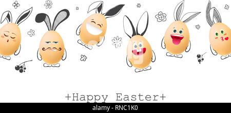 Realistic eggs with emoticons and with painted elements. Happy easter. Vector illustration Stock Vector