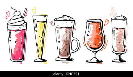 Set of different glasses, different cocktails. Vector illustration of a doodle style. Stock Vector