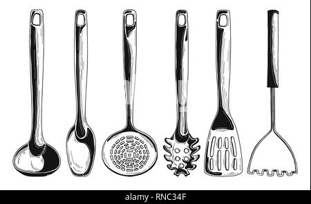 Kitchen utensils. Different spoons and other accessories. Isolated vector illustration on white background. Stock Vector