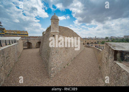 View of the hornabeque of the bridge of palms in Badajoz with the Arab citadel in the background Stock Photo