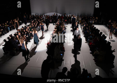 Models on the catwalk during the Chalayan Autumn/Winter 2019 London Fashion Week show at Sadler's Wells Theatre in central London. Stock Photo