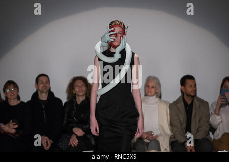 Models on the catwalk during the Chalayan Autumn/Winter 2019 London Fashion Week show at Sadler's Wells Theatre in central London. Stock Photo