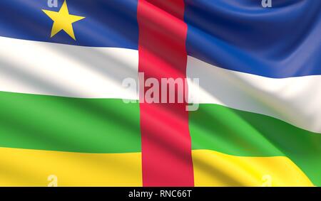 Flag of Central African Republic. Waved highly detailed fabric texture. Stock Photo