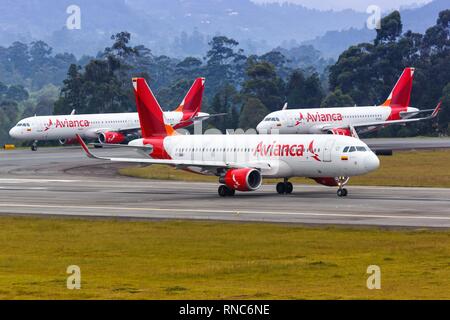 Medellin, Colombia – January 27, 2019: Avianca Airbus airplanes at Medellin airport (MDE) in Colombia. | usage worldwide Stock Photo