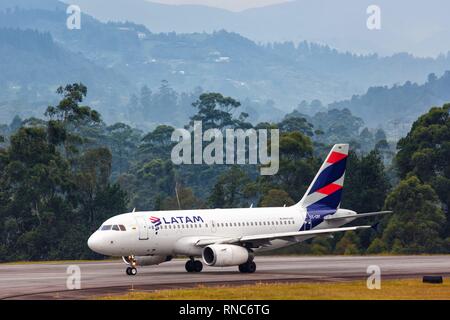 Medellin, Colombia – January 27, 2019: LATAM Airbus A319 airplanes at Medellin airport (MDE) in Colombia. | usage worldwide Stock Photo