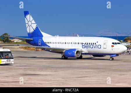 Rhodes, Greece – September 14, 2018: Belavia Boeing 737 airplane at Rhodes airport (RHO) in Greece. | usage worldwide Stock Photo