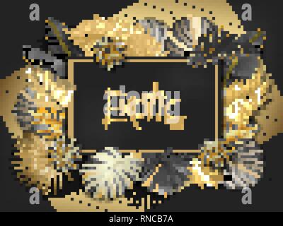 Gold Palm leaves pattern black background. Rectangular frame. Stock Vector