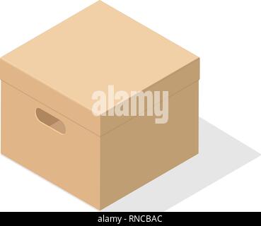 Miniature 3D box with a closed lid and a cutout at hand. Object on a white background with flat shadow for icons, ads, banners. Isometric style. Stock Vector