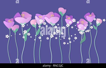 Paper cut 3d spring flowers banner in purple and violet colors. Decorative elements for holiday design. Vector illustration paper cut style. Stock Vector