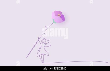 Happy 8 March womens day card. Woman with big spring flower. Vector paper art illustration. Continuous one line style. Stock Vector