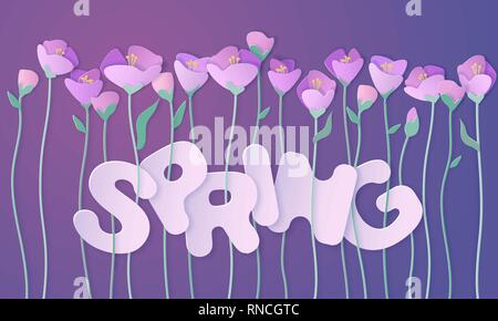 Spring Happy Womens Day greeting card. Paper cut 3d spring flowers banner in purple and violet colors. Vector illustration paper cut style. Stock Vector