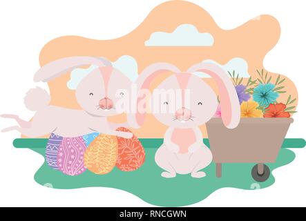 bunnies on landscape with easter egg icon Stock Vector