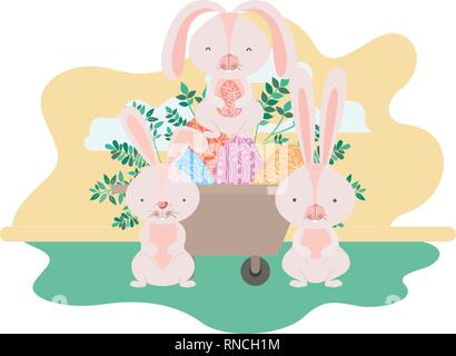 bunnies on landscape with easter egg icon Stock Vector