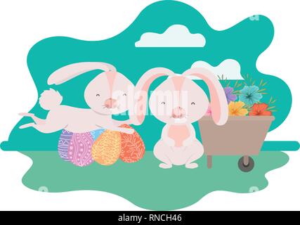 bunnies on landscape with easter egg icon Stock Vector