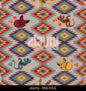 Kilim. Ethnic geometric ornament with desert animals. Pattern of bright rhombuses. Greater roadrunner, Fennec fox, lizard. Seamless vector pattern Stock Vector