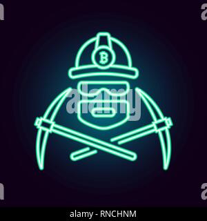 Bitcoin mining vector illustration in neon style. Flat simple linear icon of a worker mining cryptocurrency with pickaxes Stock Vector
