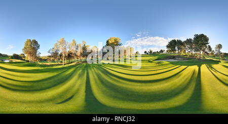 360 degree panoramic view of Golf course in the green area at sunset