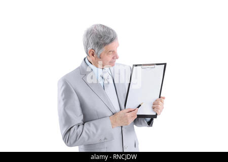 Mature businessman pointing at blank sheet.isolated on a white Stock Photo