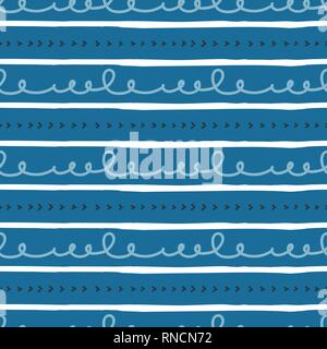 Vector Hand drawn doodle line repeat seamless pattern. Pencil scribble, stripe sketch pattern . White and blue lines on blue background. Stock Vector