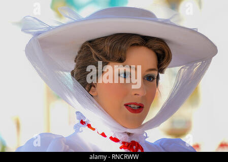 FRANCE, PARIS - February 29, 2016 - Close-up of the character of Mary Poppins with her big hat, inside the Disneyland park, Paris Stock Photo