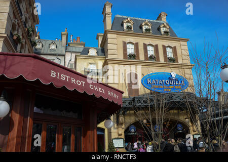 FRANCE, PARIS - February 27,2016 - View of the Place de Remy in Disney Studios, Paris. Inspired by a Parisian neighborhood, where is Ratatouille show Stock Photo