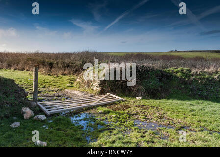 A five bar wooden gate fallen on the ground in a field. Stock Photo