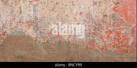 Old cracked weathered shabby red painted and new plastered wall banner background Stock Photo