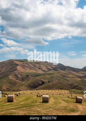Large round hay bales scattered over a paddock field, beneath brown grass hills, Taihape Napier Road, Inland Patea, Central North Island, New Zealand Stock Photo