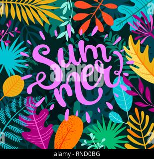 Greeting summer 2019 lettering on tropical leaves. Stock Vector