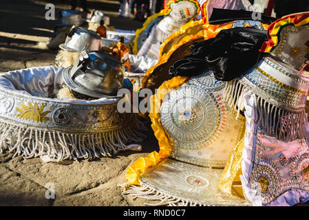 Detail Typical Bolivian costumes for men to dress up in carnival and dance the caporales Stock Photo