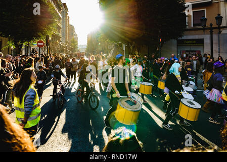 Valencia, Spain - February 16, 2019: Group of drummers of a Spanish batukada making their drums boom through the streets of the Ruzafa district during Stock Photo