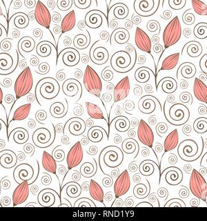 Abstract flowers seamless pattern, outline hand drawing, minimalistic illustration, vector background. Pink closed flower buds, stalks and spiral curl Stock Vector