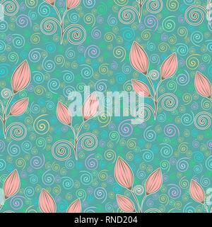 Abstract flowers seamless pattern, outline drawing, minimalistic illustration, vector background. Pink pastel closed bud, brown stalks and bright mult Stock Vector