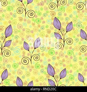 Abstract flowers seamless pattern, outline drawing, minimalistic illustration, vector background. Purple closed buds, brown stalks and bright multicol Stock Vector