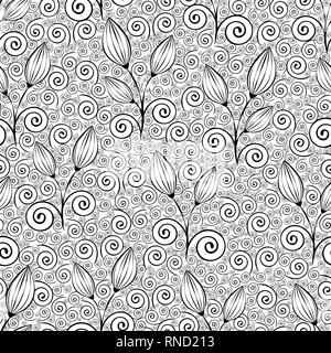 Abstract flowers seamless pattern, black and white outline hand drawing, linear stylized illustration, vector monochrome background. Flower closed bud Stock Vector